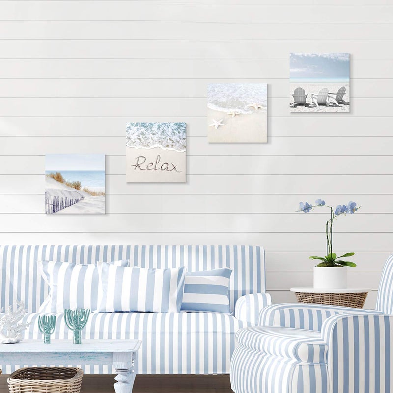 Hardy Gallery Coastal Artwork Beach Wall Art: Starfish & Chairs on Sand Painting with Word Picture on Canvas for Living Room (12â€ x 12'' x 4 Panels) - Image 3